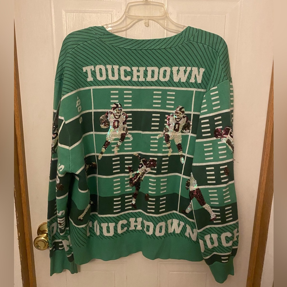 QUEEN OF SPARKLES Green Sequin Football Touchdown Cardigan - Picture 4 of 16